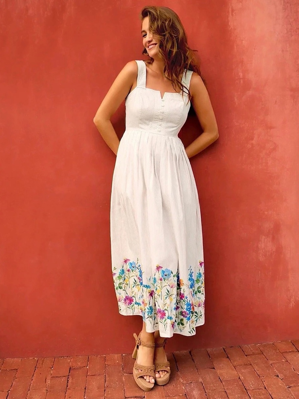 Draper James Floral Midi Dress in White & Pink Size Small Like New